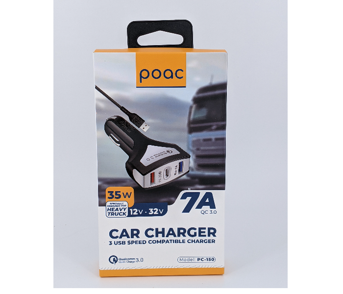 Jorac PC-150 35 Wats 3 USB Speed Type C Car Charger - Black - Zoom Image 2