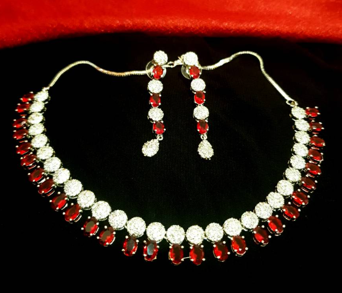 Strabella NC2007 Beautiful Necklace and Earrings with American Diamond And Ad Stones for Women - Silver and Red - Zoom Image