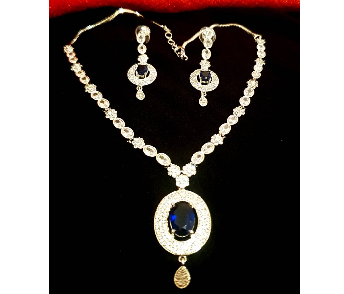 Strabella NC2003 Beautiful Necklace and Earrings With American Diamond And Ad Stones for Women - Silver and Blue - Zoom Image