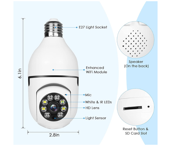 Generic Bulb with 1080P Security Camera Wireless Connector with WiFi Smart Motion Detection and Alarm - White - Zoom Image 8