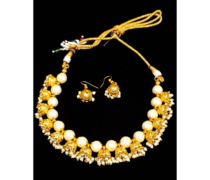 Strabella NC5010a Beautiful Festival Necklace With Earrings for Women - White and Gold - Zoom Image