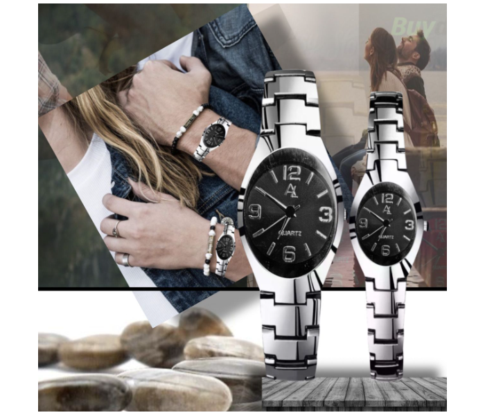 7676 Unique Fashion Couple Analog Watch - Silver and Black - Zoom Image