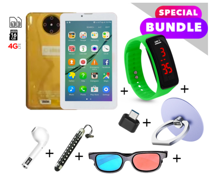 C idea CM430 7 inch Dual Sim 2GB RAM 16GB ROM Android 4G LTE Tablet with Combo of Airpod-Finger Holder-Touch Pen-OTG Connector-3D Spectacle and LED Watch - Gold(Refurbished) - Zoom Image