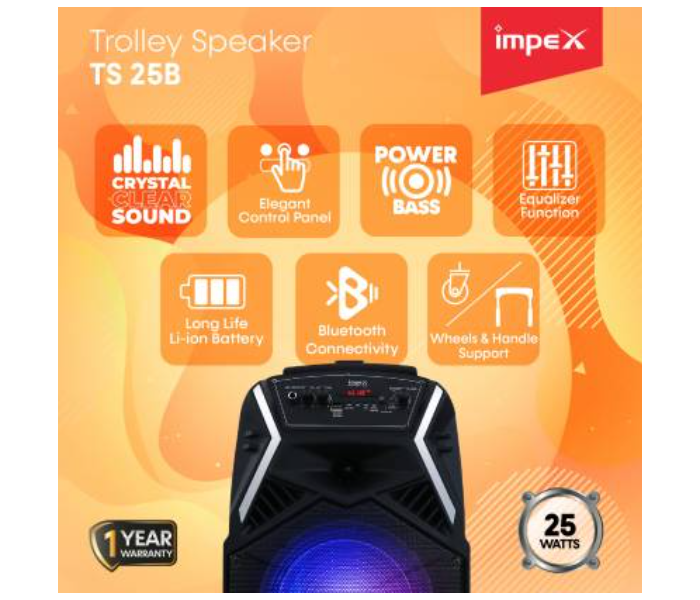 Impex TS 25B 25 Watts Multimedia Portable Trolley Speaker - Black - Zoom Image 2