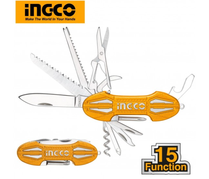 Ingco HMFK8158 Multi Tool 15 in 1 Multi Function Pocket Folding Knife - Yellow - Zoom Image 1