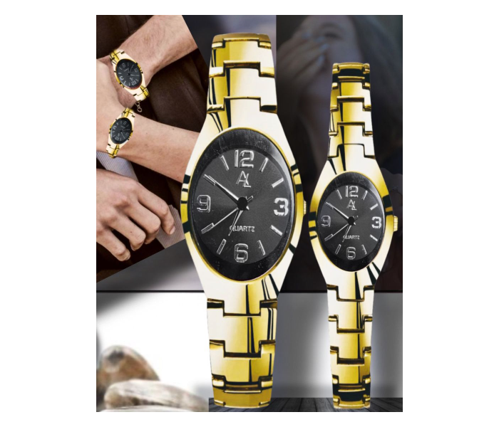 7676 Unique Fashion Couple Analog Watch - Gold And Black - Zoom Image