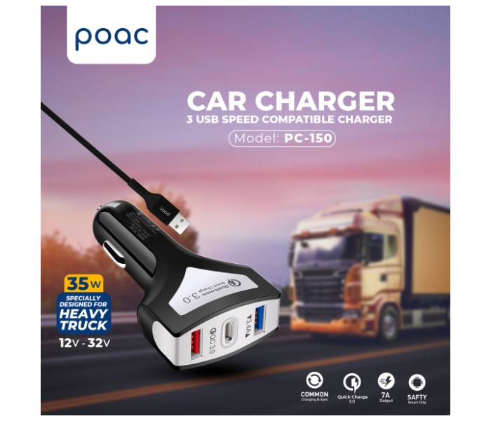 Jorac PC-150 35 Wats 3 USB Speed Type C Car Charger - Black - Zoom Image 1