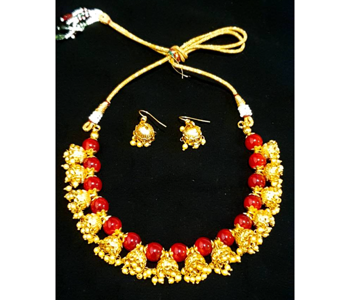 Strabella NC5010b Beautiful Festival Necklace With Earrings for Women - Red and Gold - Zoom Image