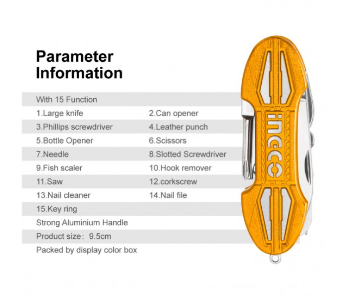 Ingco HMFK8158 Multi Tool 15 in 1 Multi Function Pocket Folding Knife - Yellow - Zoom Image 6