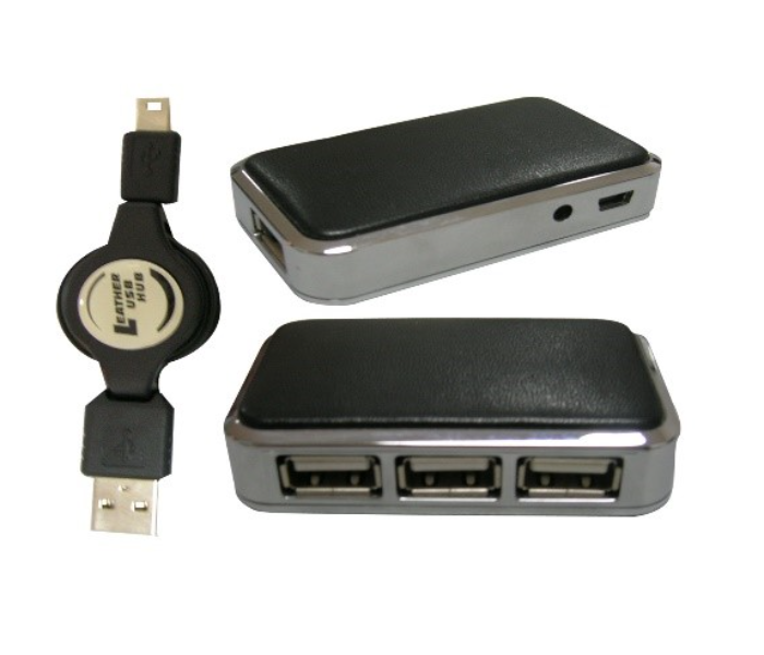 VS030 Leather USB Hub with 3 USB Slots and Retractable USB Cable - Black - Zoom Image