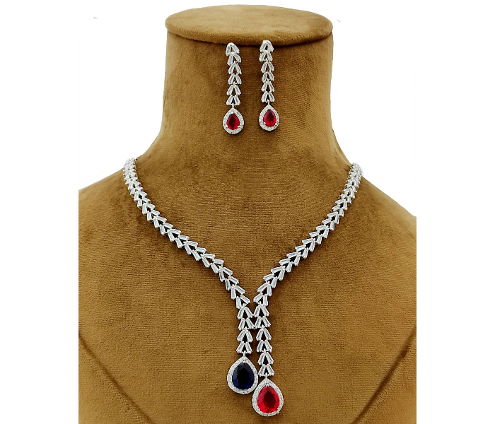 Strabella NC2-24 Beautiful Necklace and Earrings With American Diamond And Ad Stones for Women - Silver and Red - Zoom Image