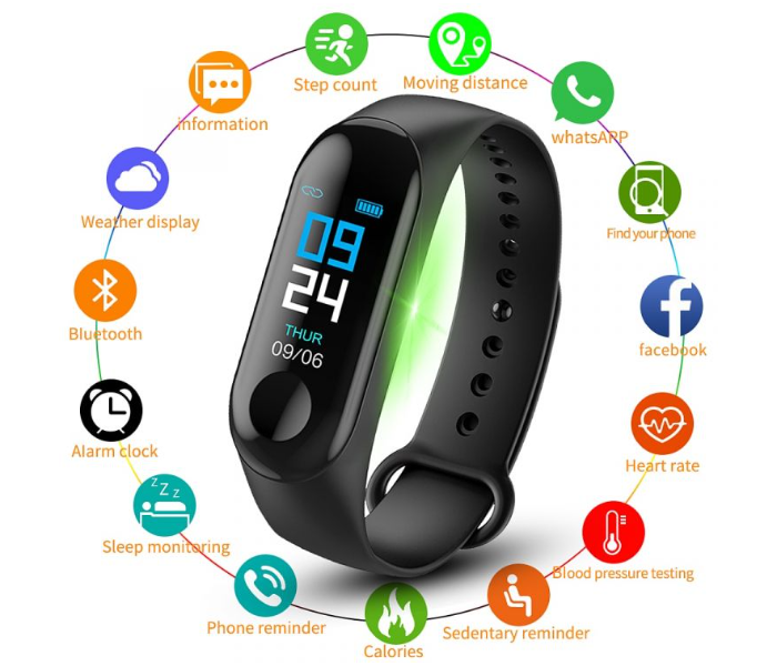 M3 Plus Smart Bracelet Men Watch Waterproof Heart Rate Blood Pressure Monitoring Sports Watch With Extra Bracelet Free - Black - Zoom Image 3