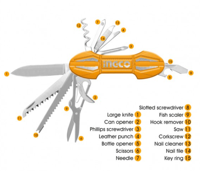 Ingco HMFK8158 Multi Tool 15 in 1 Multi Function Pocket Folding Knife - Yellow - Zoom Image 7