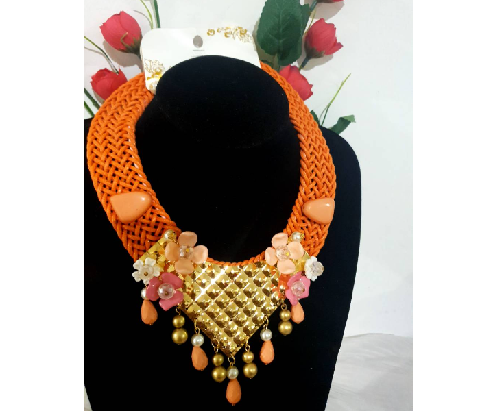 Strabella NC3003a Beautiful Western Necklace for Women - Orange and Gold - Zoom Image