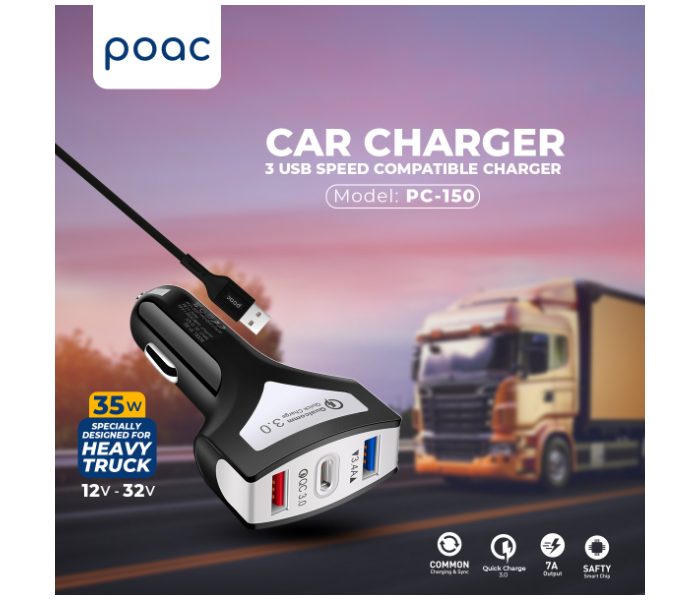 Jorac PC-150 35 Watts 3 USB Speed Micro Car Charger - Black - Zoom Image 1