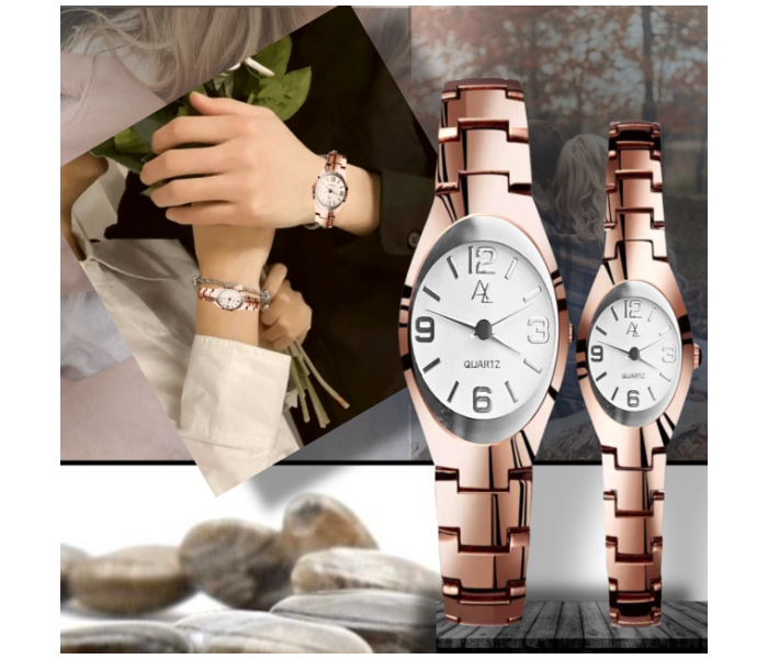 7676 Unique Fashion Couple Analog Watch - Rose Gold and White - Zoom Image