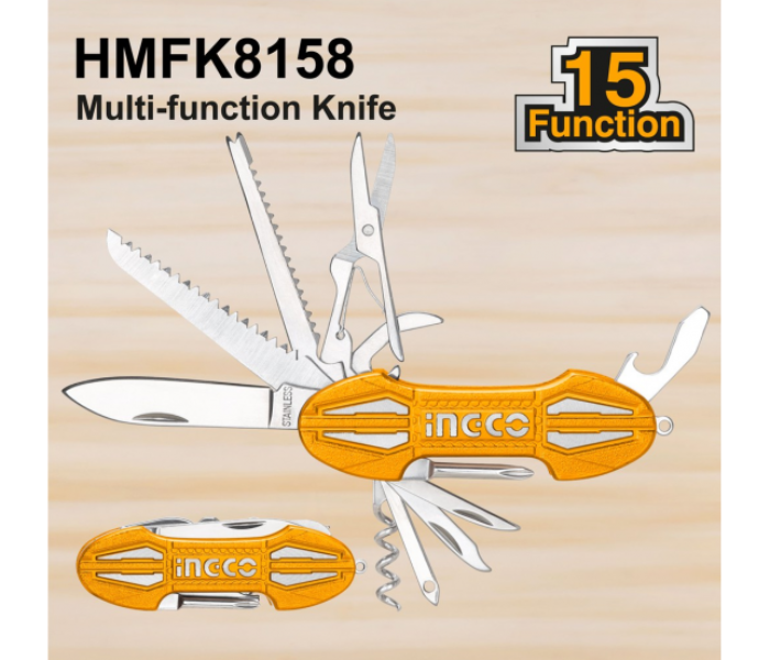 Ingco HMFK8158 Multi Tool 15 in 1 Multi Function Pocket Folding Knife - Yellow - Zoom Image 2