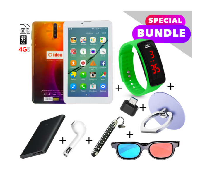 C idea CM498 7 inch Dual Sim 3GB RAM 32GB ROM Android 4G LTE Tablet with Combo of Power Bank- AirPod -Finger Holder - Touch Pen - OTG Connector -3D Spectacle and LED Watch - Orange and Purple(Refurbis - Zoom Image