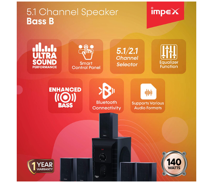 Impex BRAVO HT 5107 5.1 Channel 45 Watts Multimedia Speaker System - Black(duplicate) - Zoom Image 2