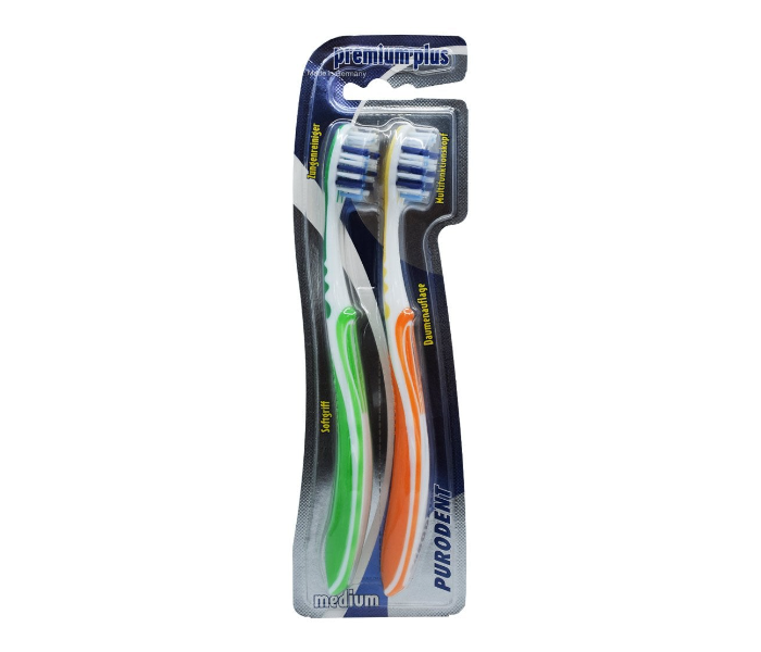 Purodent 63825 Premium Plus 2 Piece Medium Tooth Brushes -Green and Orange - Zoom Image