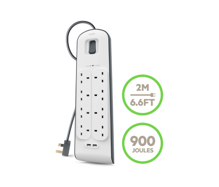 Belkin 8 Way Surge Protection Strip with 2 Meters cord length Extension Socket - White - Zoom Image 2