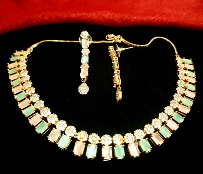 Strabella NC2004 Beautiful Necklace and Earrings with American Diamond And Ad Stones for Women - Gold and Silver - Zoom Image