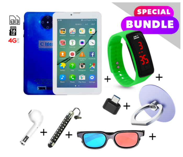 C idea CM430 7 inch Dual Sim 2GB RAM 16GB ROM Android 4G LTE Tablet with Combo of Airpod-Finger Holder-Touch Pen-OTG Connector-3D Spectacle and LED Watch - Blue(Refurbished) - Zoom Image