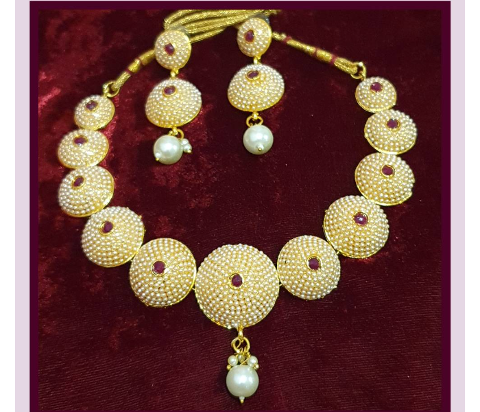 Strabella NC4013a Beautiful Beaded Necklace with Earring for Women - Red and Gold - Zoom Image