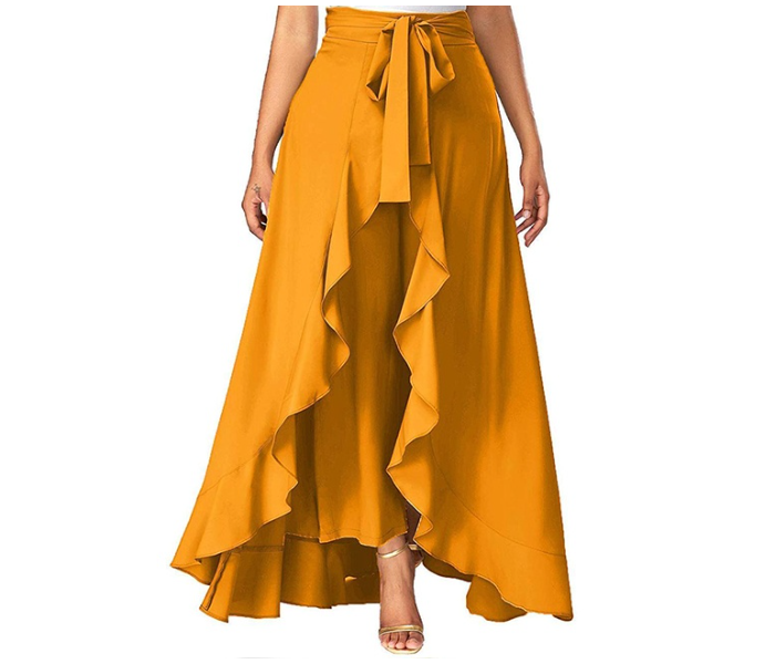 QUNY Full Stitched Polyster Cotton Skirt Pants With Ruffle Skirt And Fancy Belt - Yellow - Zoom Image