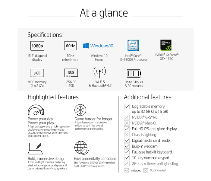 HP 15-DK0096WM - 1A2E1UA Pavilion 15.6 Inch FHD Intel Core i5-9300H Processor 8GB DDR4 RAM 256GB SSD 4GB GTX 1650 Graphics Windows 10 Home English - Black - Zoom Image 5