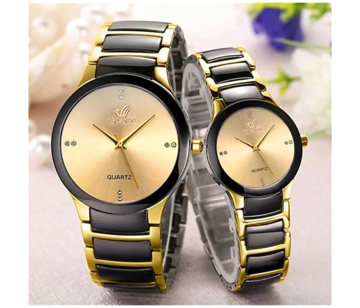 126 Max Double Colour Chain Strap Couple Analog Watch - Black and Gold - Zoom Image