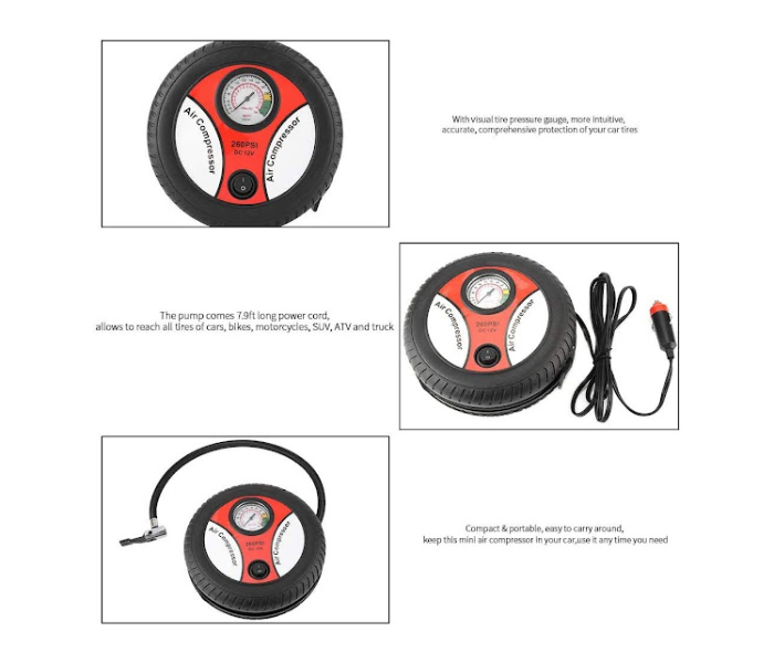 GTC 22000792 Portable Car Air Compressor 12V Input Electric Tire Inflaters - Black - Zoom Image 5