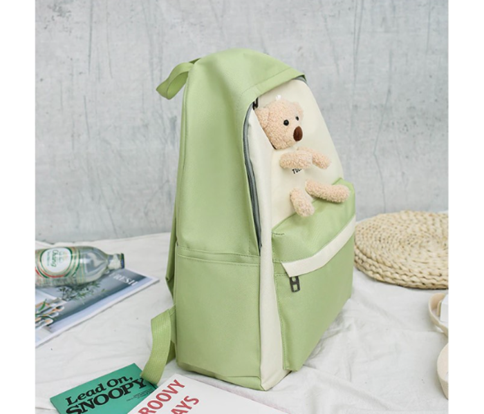 4 Pieces Fashion Cute Bear Canvas Shoulder School Bag for Teenage Girls - Green and White - Zoom Image 2