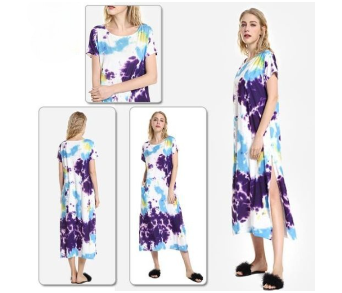 Quny RMC-10272 Half Sleeve Medium Sized Flared Frock for Women - White and Blue - Zoom Image