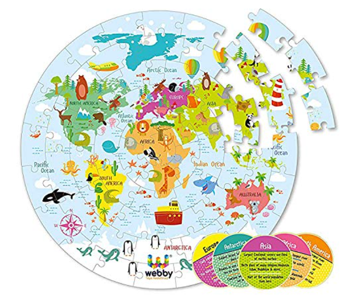 Webby B0827SWPVV Amazing World Map Jigsaw Floor Puzzle 60 Pcs with 4 Double Sided Flashcards - Zoom Image