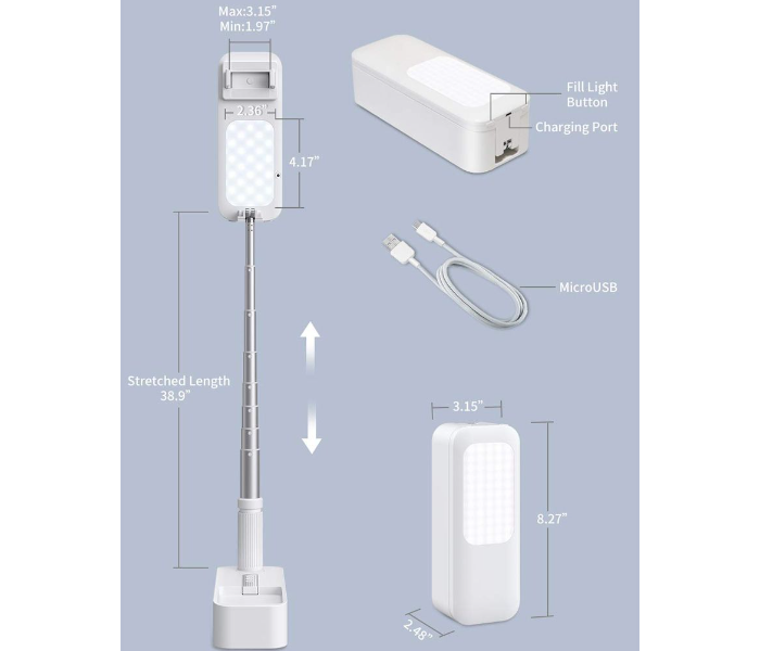 Srtech Extendable Selfie Stand 360° Rotation with Phone Holder Rechargeable Wireless Foldable 7 Brightness LED Light with 1000mah Battery for Videography - White - Zoom Image 16