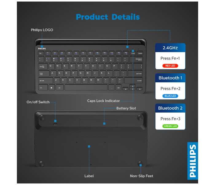 Philips SPK6604-00 Wireless Bluetooth Multi-device Keyboard - Black - Zoom Image 6