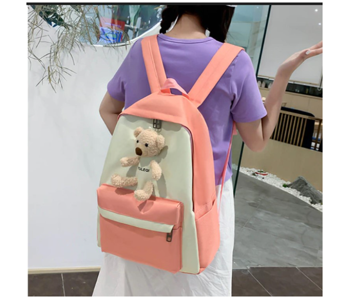 4 Pieces Fashion Cute Bear Canvas Shoulder School Bag for Teenage Girls - Pink and White - Zoom Image 3