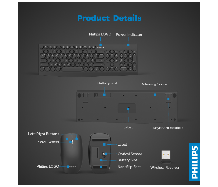 Philips SPT6323-00 Wireless Keyboard and Mouse Combo - Black - Zoom Image 6