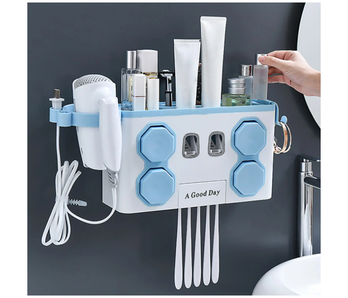 Multifunction Toothbrush Holder with Automatic Toothpaste Dispenser and Hair Dryer Rack - White and Blue - Zoom Image 3