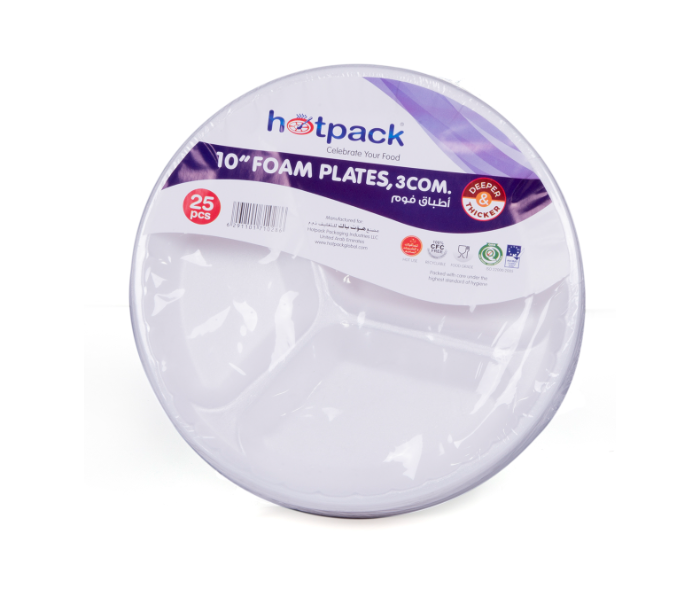 Hotpack RFP103B 25 Pieces 10 Inch Round Foam Plate with 3 Compartment - White - Zoom Image 1