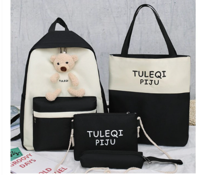 4 Pieces Fashion Cute Bear Canvas Shoulder School Bag for Teenage Girls - Black and White - Zoom Image 1