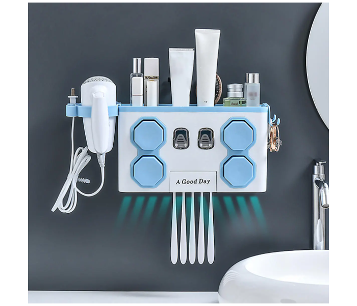 Multifunction Toothbrush Holder with Automatic Toothpaste Dispenser and Hair Dryer Rack - White and Blue - Zoom Image 2