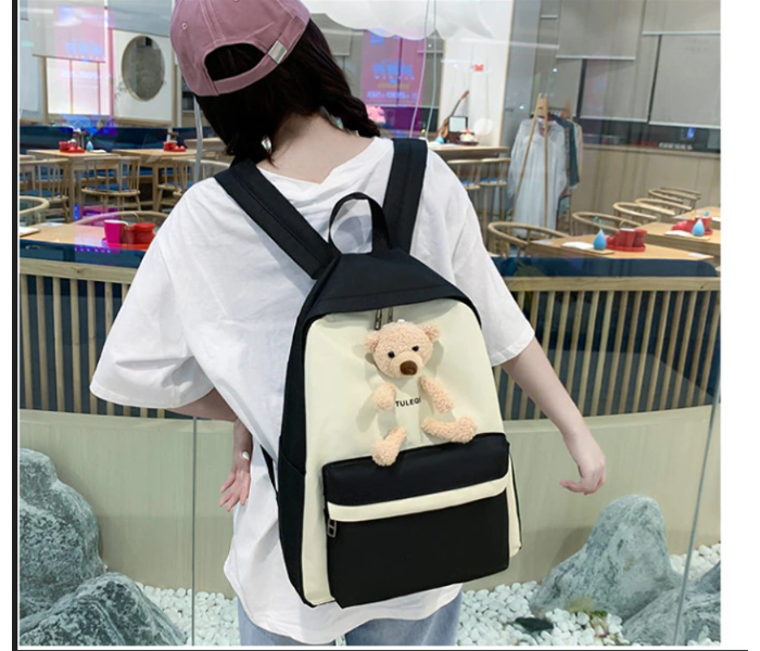 4 Pieces Fashion Cute Bear Canvas Shoulder School Bag for Teenage Girls - Black and White - Zoom Image 2