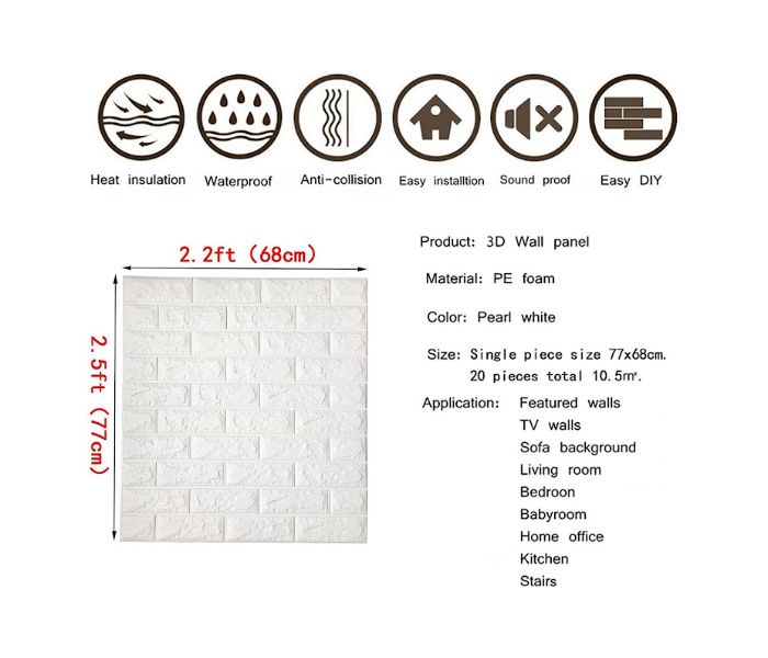 GTC 22000746 10 Pcs Self-Adhesive Waterproof Removable 3D Brick Wall Panels Sticker Wallpaper - White - Zoom Image 5