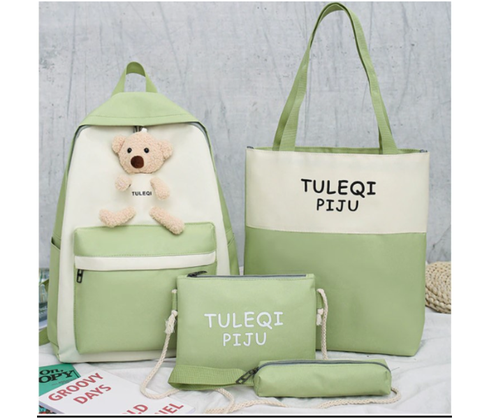 4 Pieces Fashion Cute Bear Canvas Shoulder School Bag for Teenage Girls - Green and White - Zoom Image 1