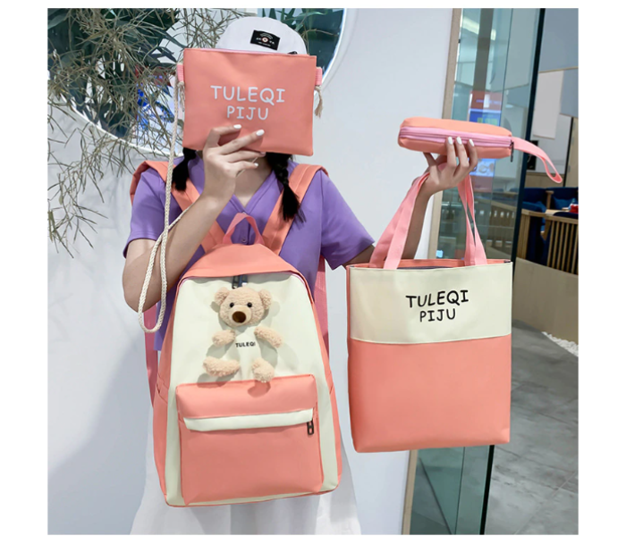 4 Pieces Fashion Cute Bear Canvas Shoulder School Bag for Teenage Girls - Pink and White - Zoom Image 2