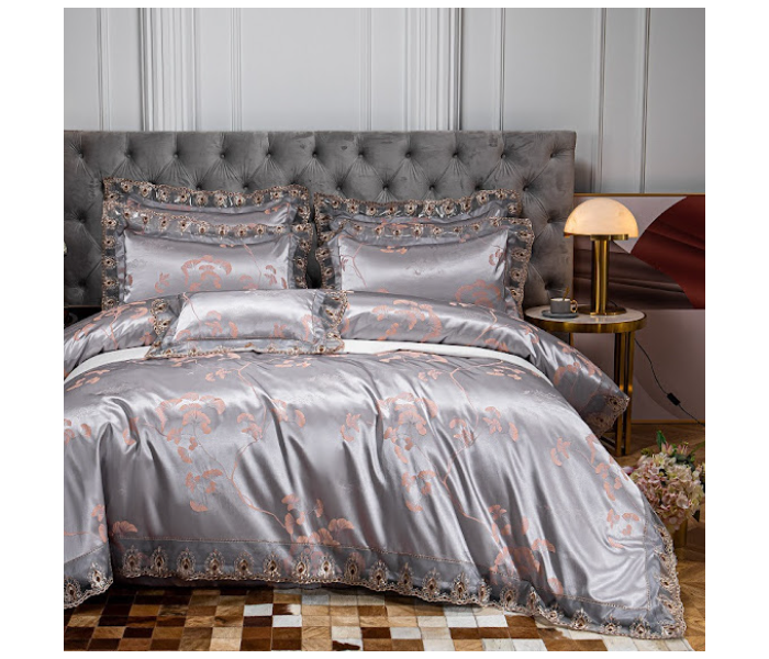 GTC 22000738 Gold Satin Jacquard Luxury Euro Soft Silky Double Duvet Cover Bedroom Set - Grey - Zoom Image 1