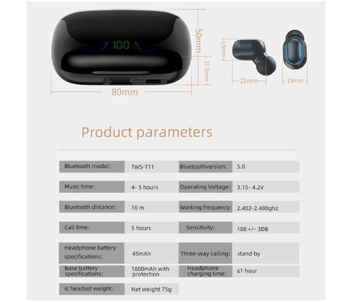 JS2 TWS-T11 Bluetooth 5.0 with Charging Case and LED Digital Display True Wireless Earbuds - White - Zoom Image 2