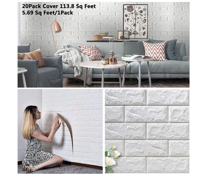 GTC 22000746 10 Pcs Self-Adhesive Waterproof Removable 3D Brick Wall Panels Sticker Wallpaper - White - Zoom Image 1